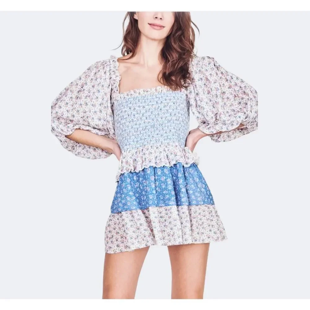 LoveShackFancy NWOT Shaw Large Blue Micro Mini Dress Floral Tiered Tunic - Picture 2 of 16